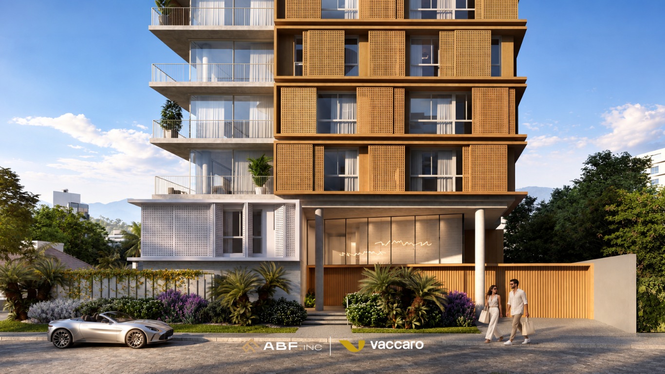 Perspectiva arquitetônica de fachada residencial com paisagismo integrado à calçada e pessoas caminhando, da ABF | Vaccaro.